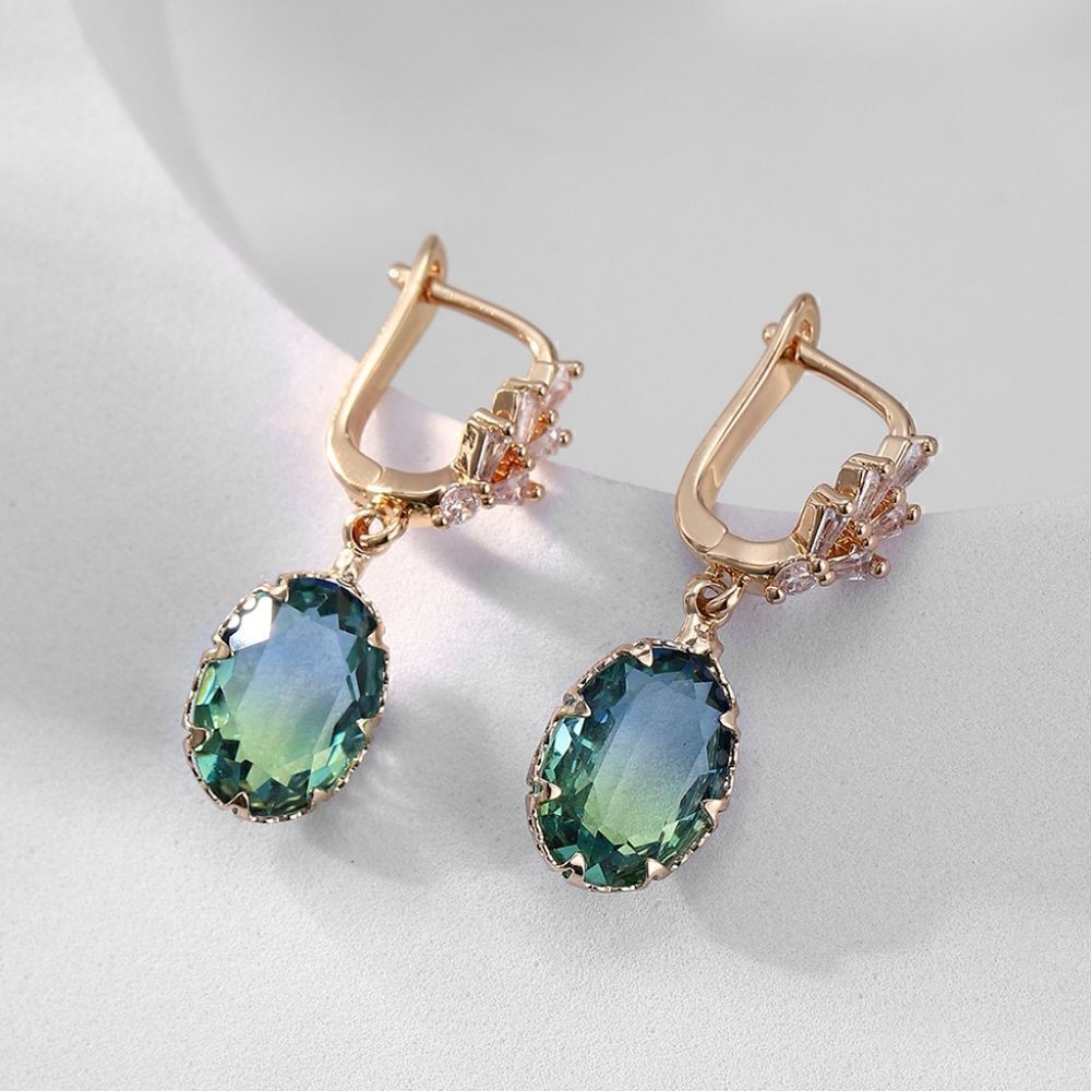Gemstone Drop Earrings Blue Green Gold plated Fashion - Picture 3 of 3